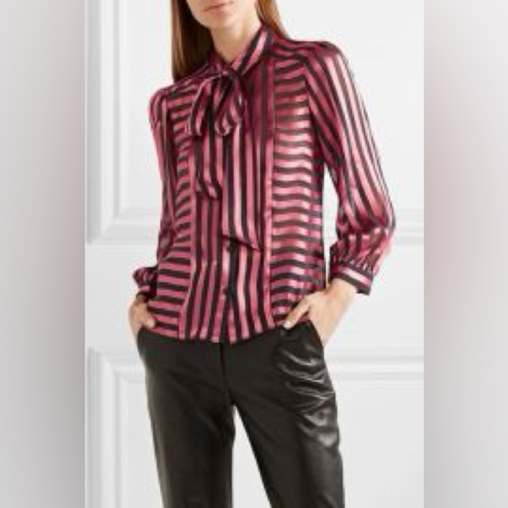NWT Alice & Olivia Silk Pink and Black Striped Tie-Neck Blouse medium
